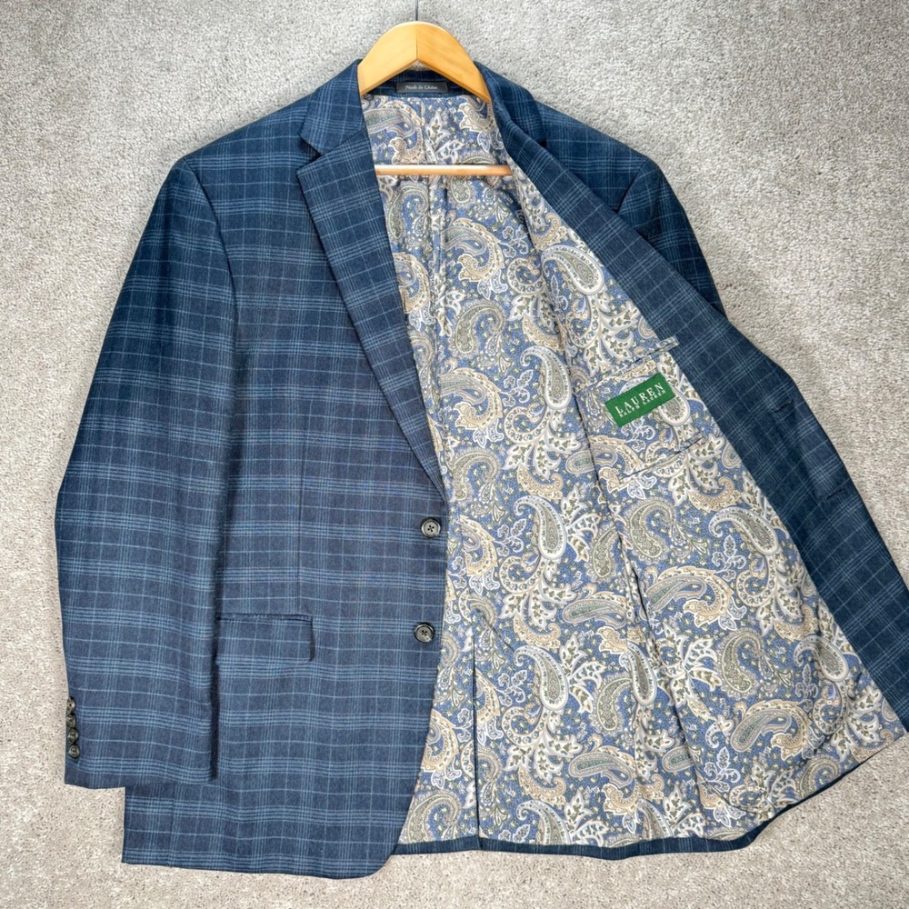 Lauren Ralph Lauren Men's 44R Blue Windowpane Plaid Two Button Blazer Sport Coat